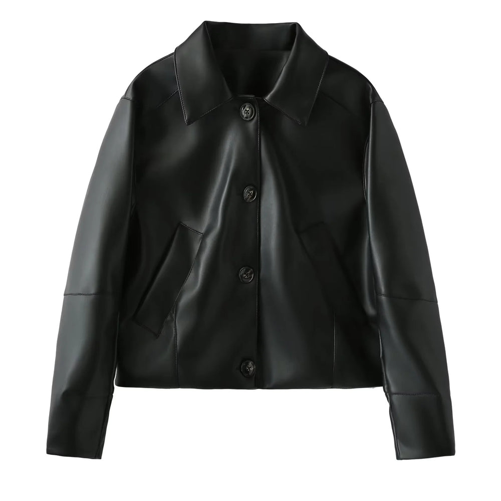 Damen elegante Kunstlederjacke mit moderner Silhouette und praktischen Taschen EB