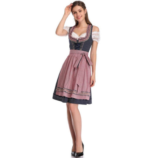 Damen nan traditionelles Dirndlkleid mit Schnürung, floraler Baumwollqualität und Schleifen-Schürze EB