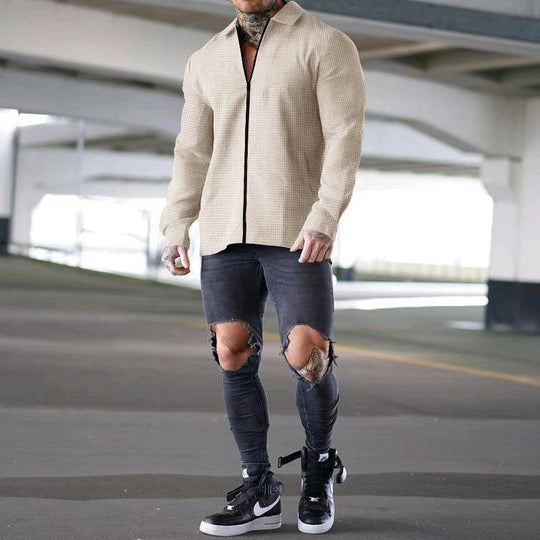 Herren lässiges Kurzarm-Hemd mit strukturiertem Design und modernem Reißverschluss EB