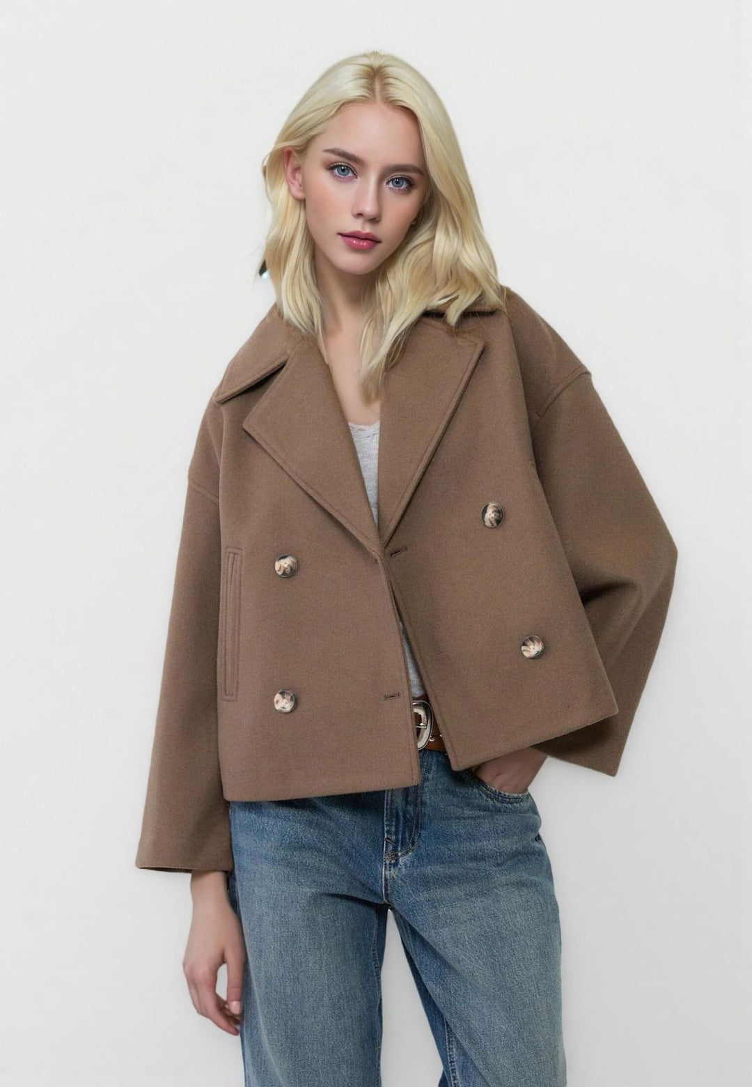 Damen nan kurzes doppeltreihiges Wollmix-Manteljacke im Boxy-Cut mit weitem Reverskragen EB