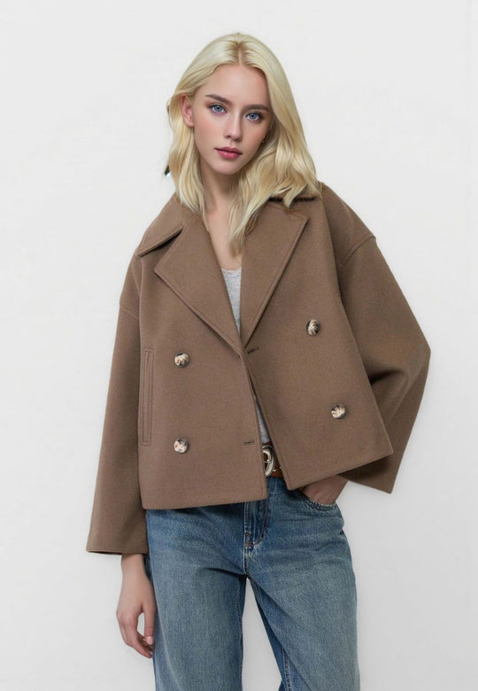 Damen nan kurzes doppeltreihiges Wollmix-Manteljacke im Boxy-Cut mit weitem Reverskragen EB