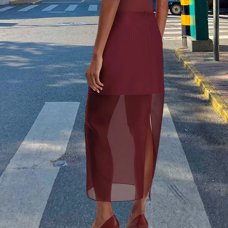 Damen Elegante durchsichtige Midi-Rock mit seitlichen Schlitzen und strukturierter Taille EB