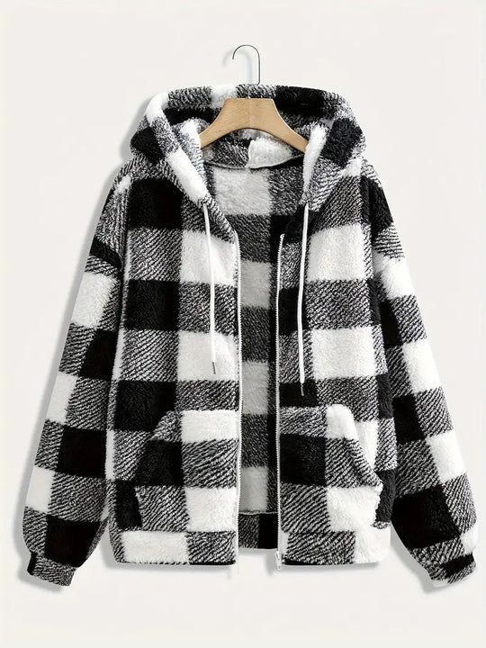 Damen Flauschige Kapuzenjacke im Karomuster EB
