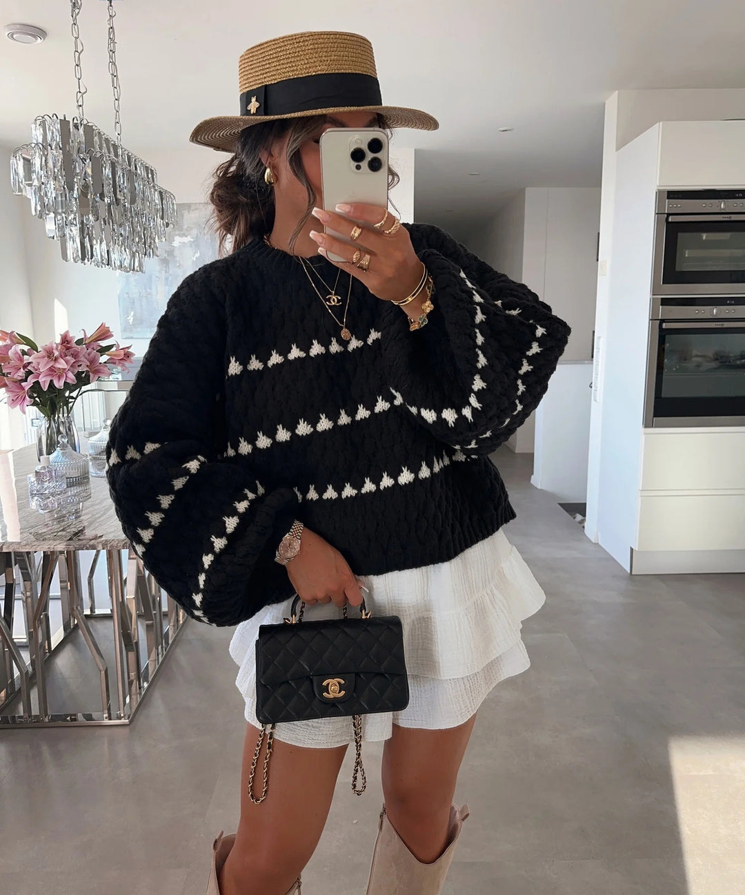 Damen Grobstrickpullover mit voluminösen Ärmeln und strukturiertem Muster EB
