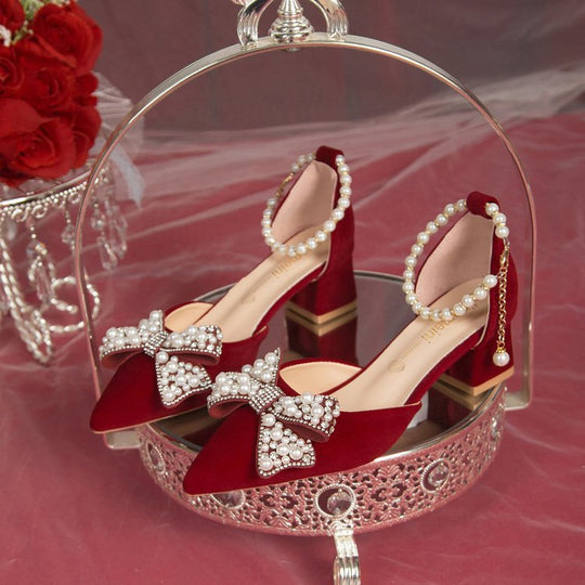 Damen elegante Pumps mit funkelndem Schleifen-Design und Perlenakzenten EB