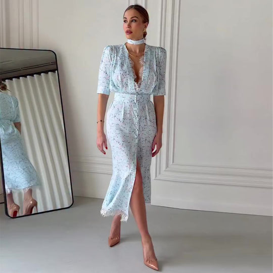 Damen Elegantes Midi-Kleid mit schimmerndem Chiffon und tiefem V-Ausschnitt EB