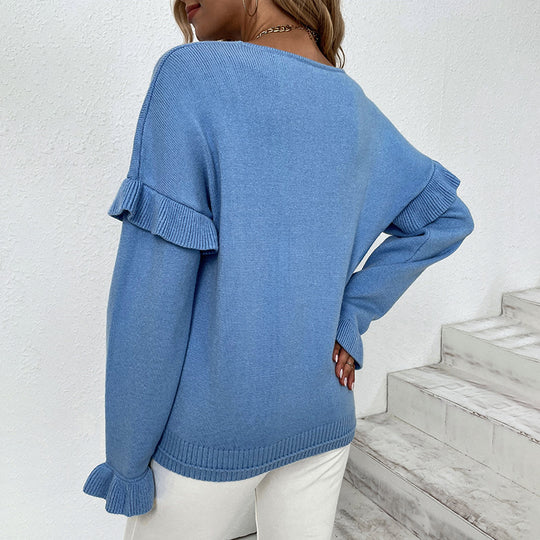 Damen eleganter Pullover mit Rüschendetails und V-Ausschnitt EB