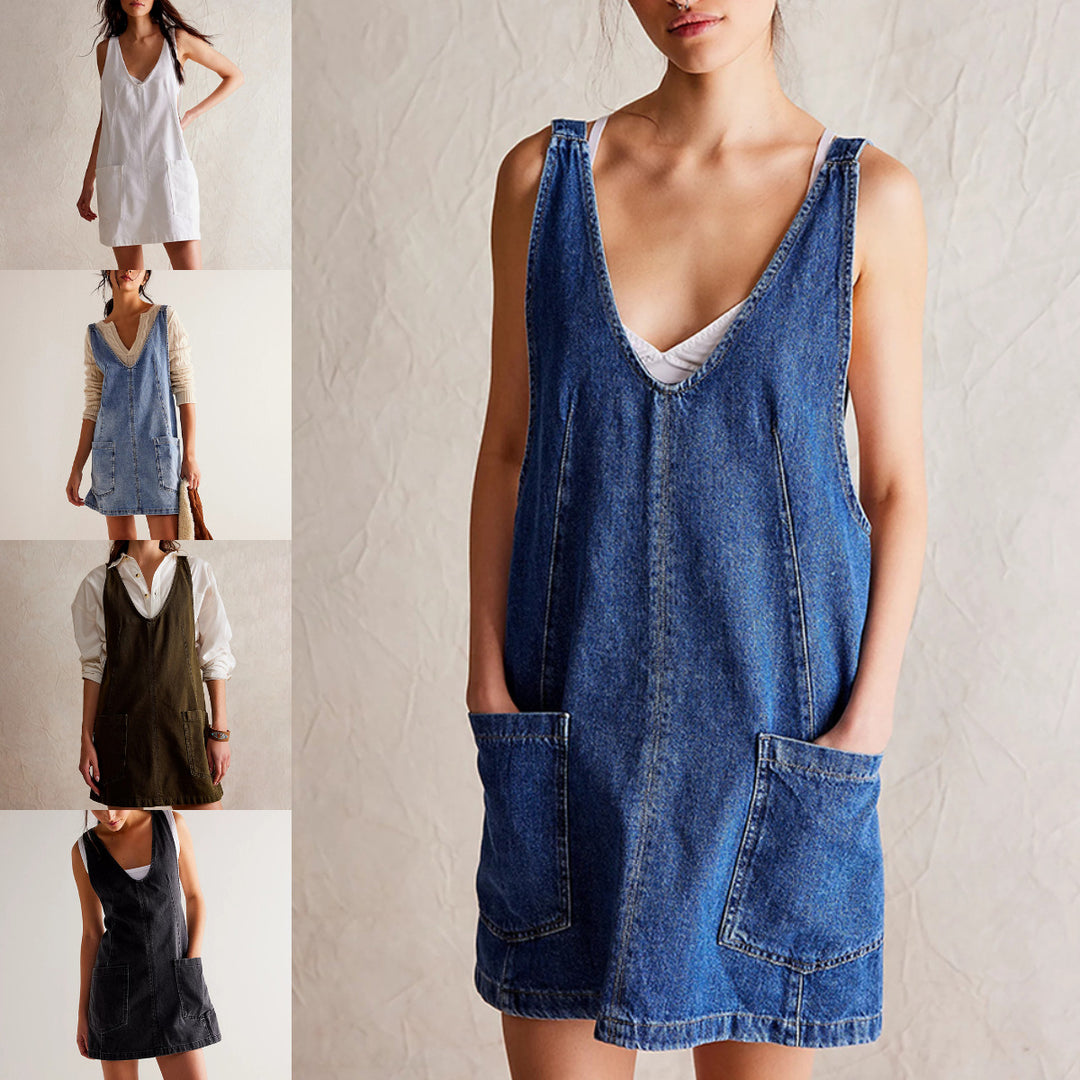 Damen lässiges Freizeitleinenkleid mit tiefem Ausschnitt und großen Taschen EB