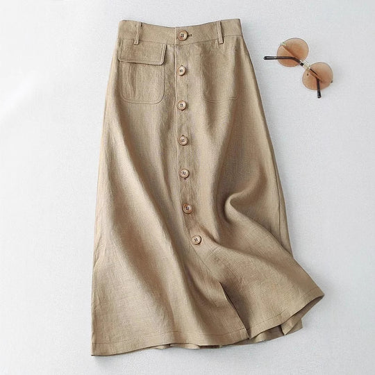 Damen Langer Leinenrock mit Knopfdetails und Taschen EB