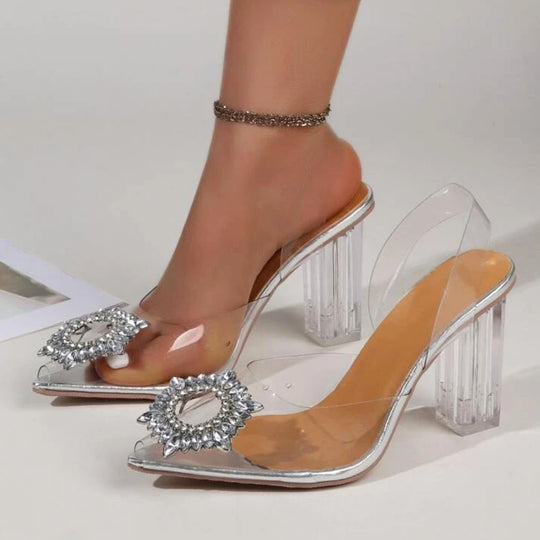 Damen elegante transparente Mules mit glitzerndem Schmuck-Riemen EB