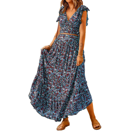 Damen Maxikleid mit floralem Design und ausgestellten Ärmeln EB
