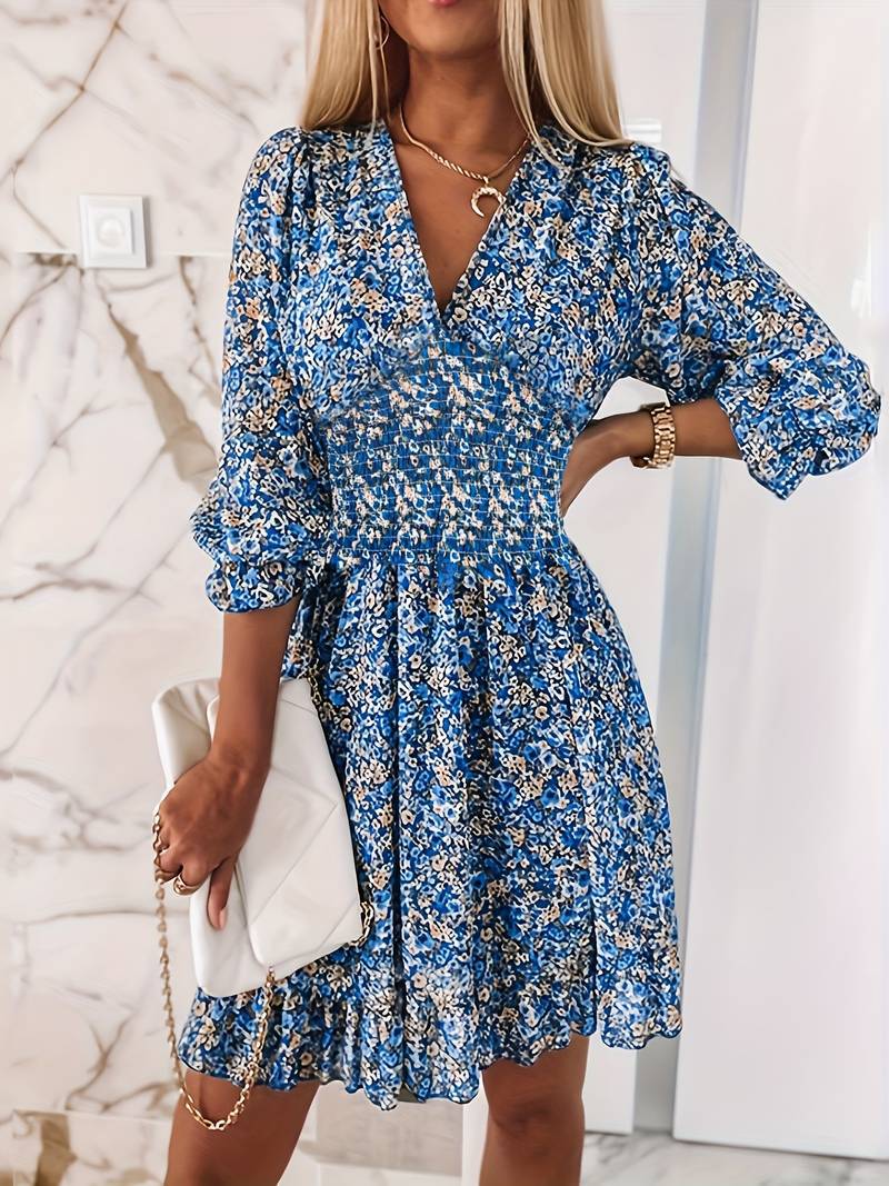 Damen Blumenkleid mit V-Ausschnitt und Puffärmeln EB
