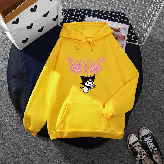 Damen nan lockeres Kapuzensweatshirt aus angerautem Fleece mit Kängurutasche und kawaii-Charakter-Print EB