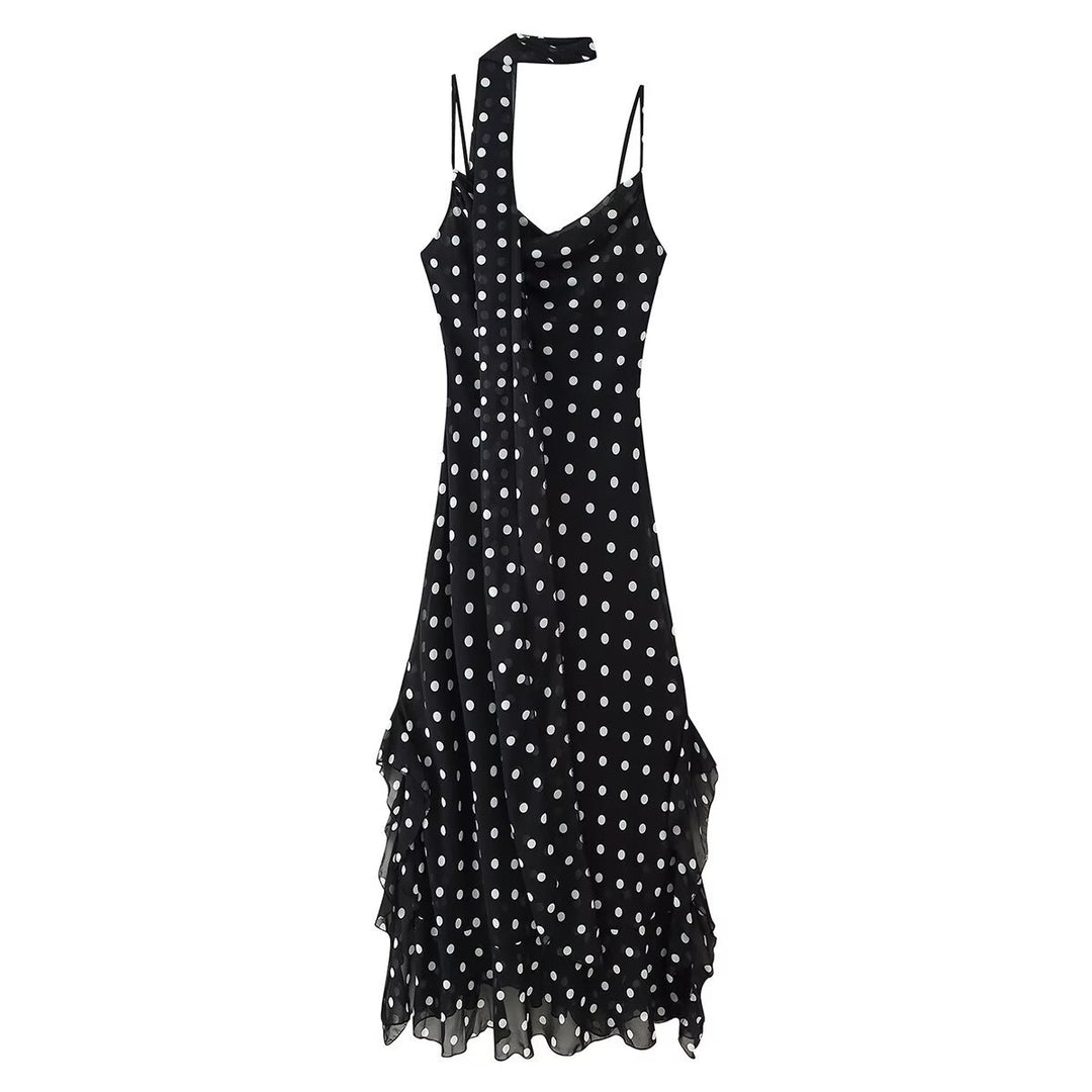 Damen Sommerkleid mit verspieltem Punkten Design und raffiniertem Rüschensaum EB
