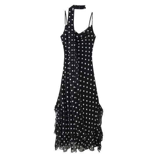 Damen Sommerkleid mit verspieltem Punkten Design und raffiniertem Rüschensaum EB