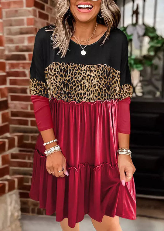 Damen Elegantes Tierdruck Kleid mit rüschigem Saum EB