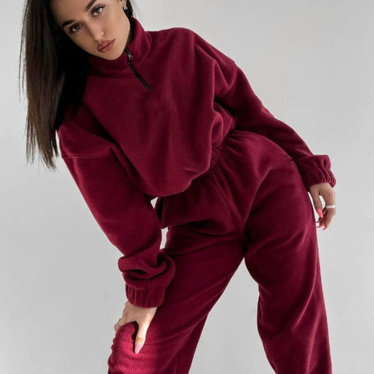 Damen Relax-Fleece-Set mit Stehkragen-Halbzip und geraffter High-Waist-Hose EB