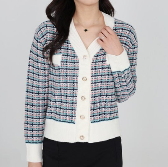 Damen modischer Strickcardigan mit farbenfrohem Muster und Knopfleiste EB