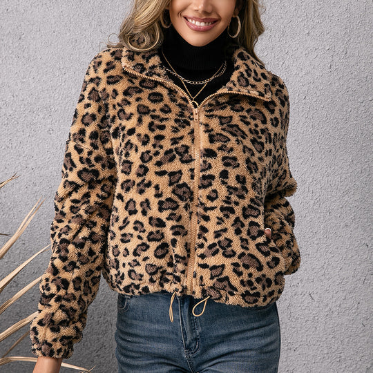 Damen Fleecejacke mit Leoparddruck und seitlichen Taschen EB