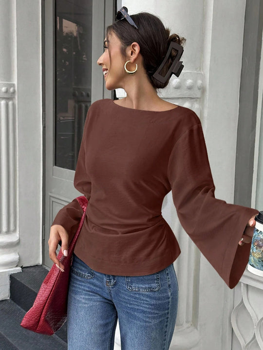 Damen elegantes Oberteil mit weitem Ärmel und schickem Bund EB