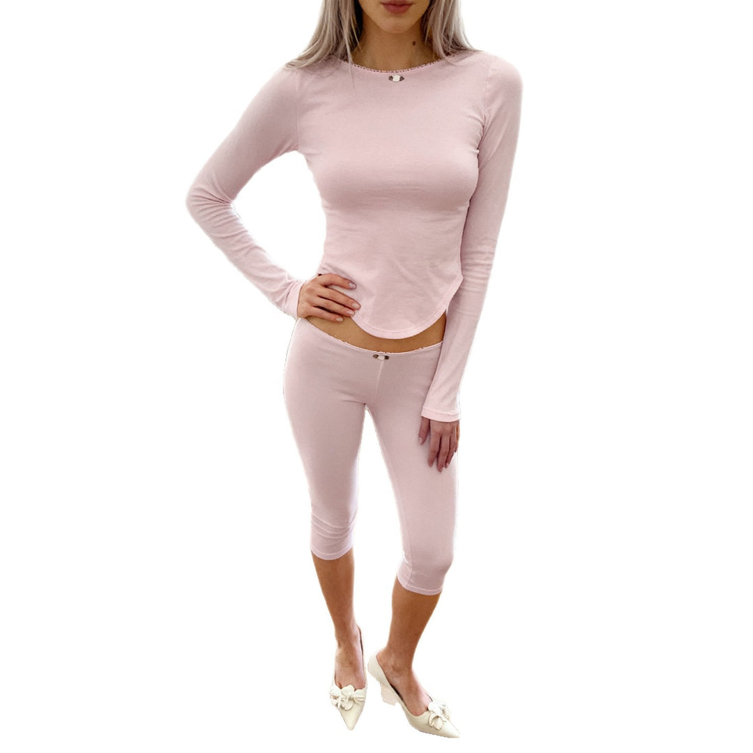 Damen nan tailliertes Langarm‑Cropped‑Top mit geschwungenem Saum und knielange Highwaist‑Leggings aus Stretchmodal EB