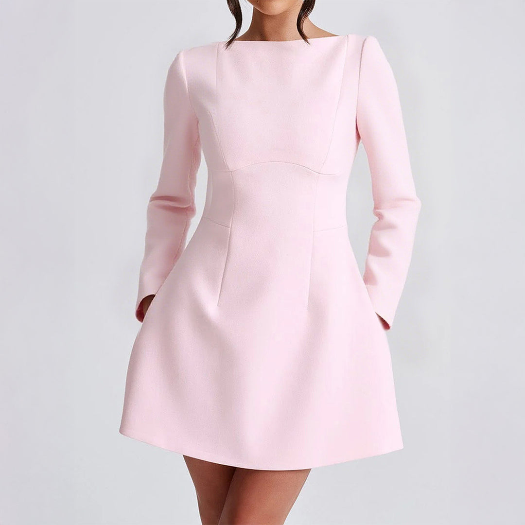 Damen nan tailliertes A-Linien Kleid mit U-Boot-Ausschnitt, langer Arm und dezenten Eingrifftaschen EB