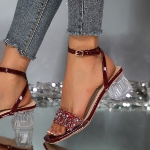 Damen Glitzernde und elegante Sandalen mit transparentem Blockabsatz EB