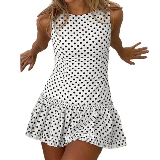 Damen Polka-Dots Minikleid mit voluminösem Rock und angedeutetem Spitzen Saum EB
