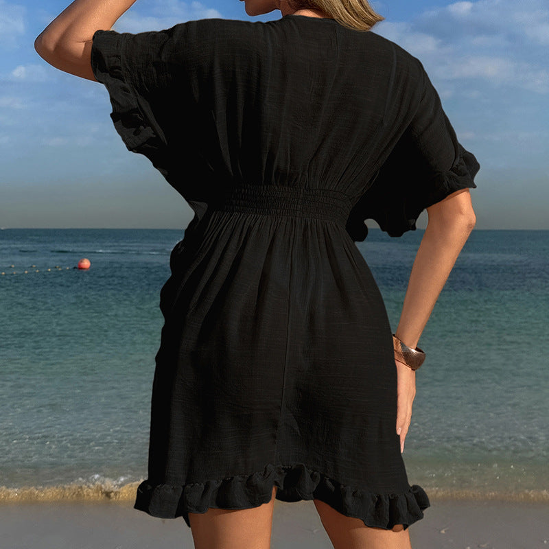 Damen luftiges Strandkleid mit Rüschendetails und vorteilhafter Schärpe EB