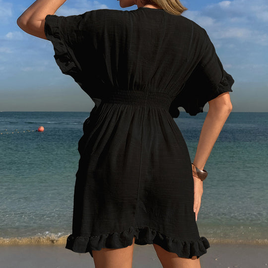 Damen luftiges Strandkleid mit Rüschendetails und vorteilhafter Schärpe EB