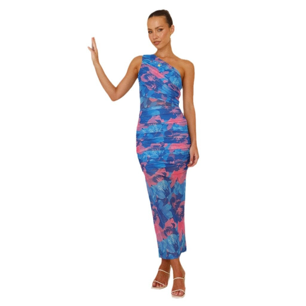 Damen Midikleid mit asymmetrischem Träger und floralem Raffdesign EB