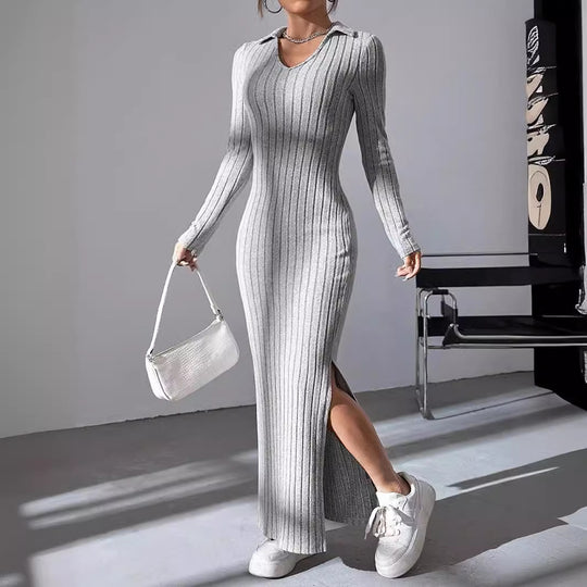 Damen Langarm Maxikleid mit V-Ausschnitt und seitlichem Schlitz EB