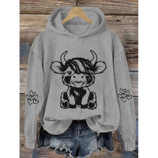 Damen Kapuzensweater mit entzückendem Kuhmotiv und praktischen Kängurutaschen EB