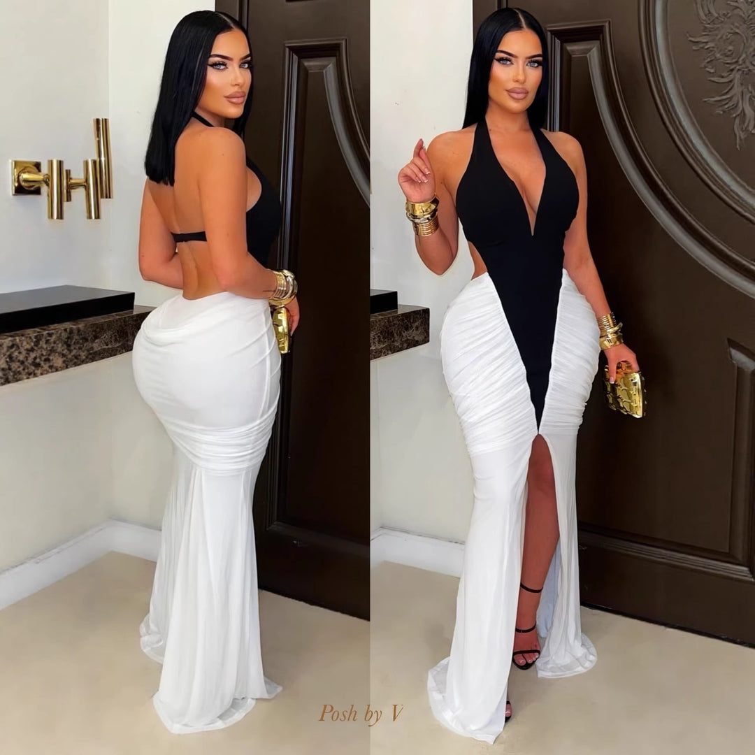 Damen Elegantes und figurbetontes Maxikleid mit Schlitz und Raffungen EB