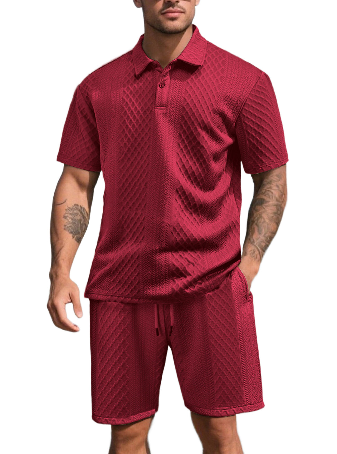 Herren nan dreidimensionales Relief-Freizeit-Set mit Polokragen, verdeckter Knopfleiste und elastischer Tunnelzugshorts EB