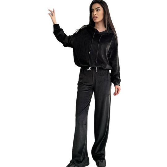Damen Velours-Zweiteiler mit Cropped-Kapuzenpullover, sportiven Ärmeln und weiter Palazzo-Hose EB