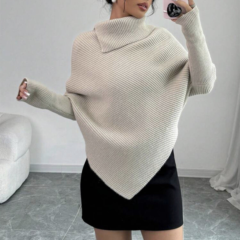 Damen Asymmetrischer Rippenstrick-Poncho mit hohem Rollkragen und verlängerten Ärmeln EB