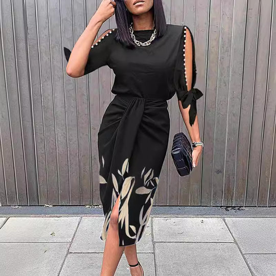 Damen Midikleid mit elegantem Bindegürtel und modischen Cut-Out-Ärmeln EB