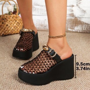 Damen Plateau-Pantoletten mit Netzdesign und Glitzerakzenten EB