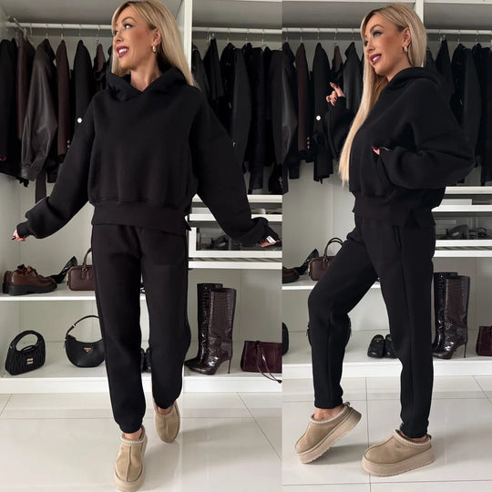 Damen Kurzgeschnittenes Kapuzen-Hoodie und High‑Waist Jogginghose Set aus weichem French-Terry EB