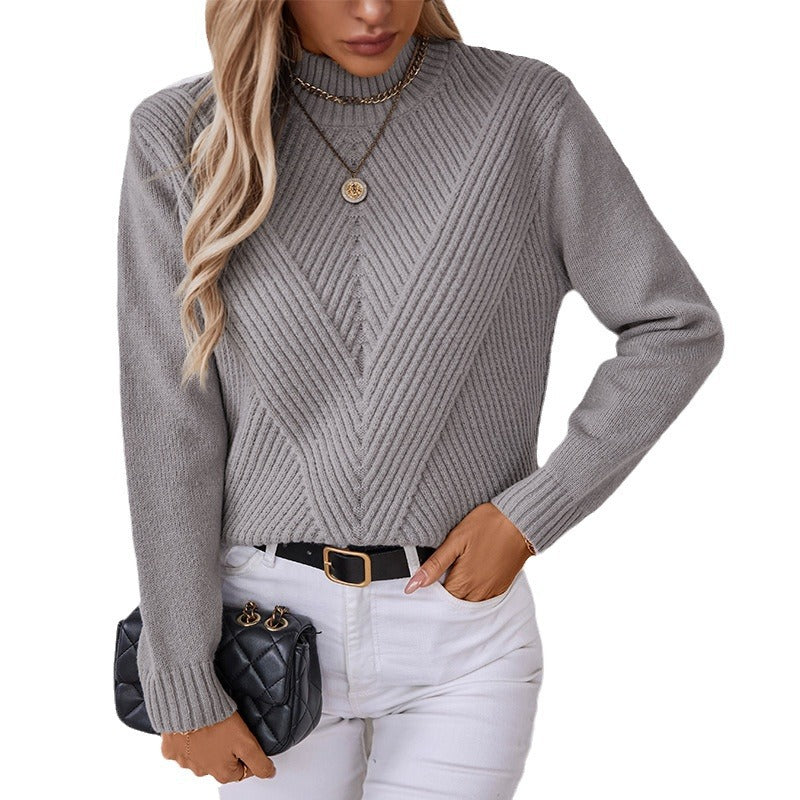 Damen modischer Strickpullover mit hochschließendem Kragen und V-Design EB