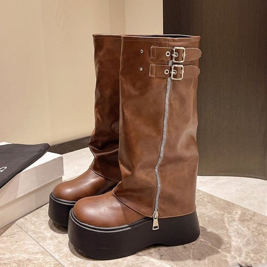 Damen Modische Stiefel mit verstellbarem Riemen und hohem Plateau EB