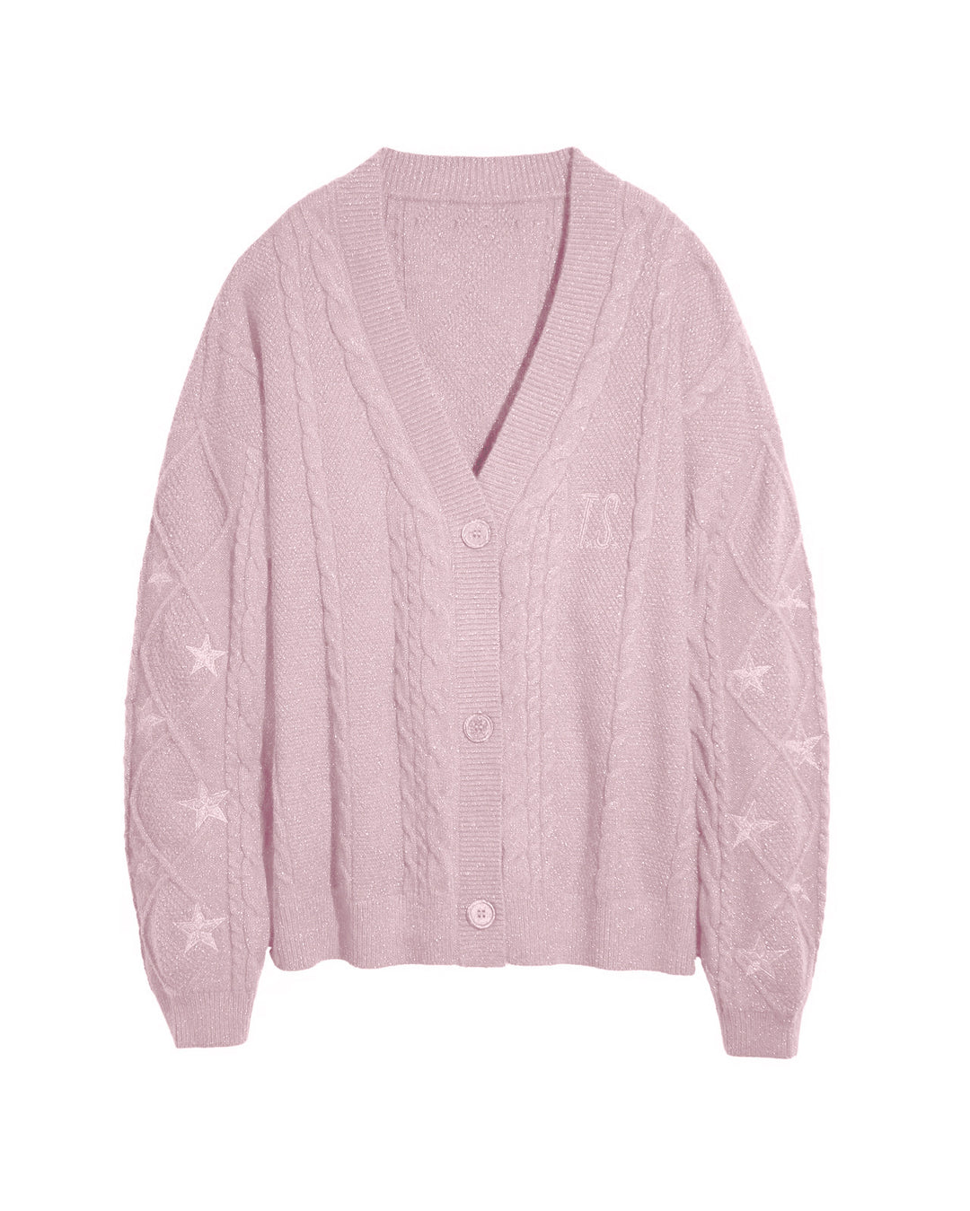 Damen nan großzügiger Grobstrick-Cardigan mit Zopfmuster, V-Ausschnitt und Sternstickereien EB