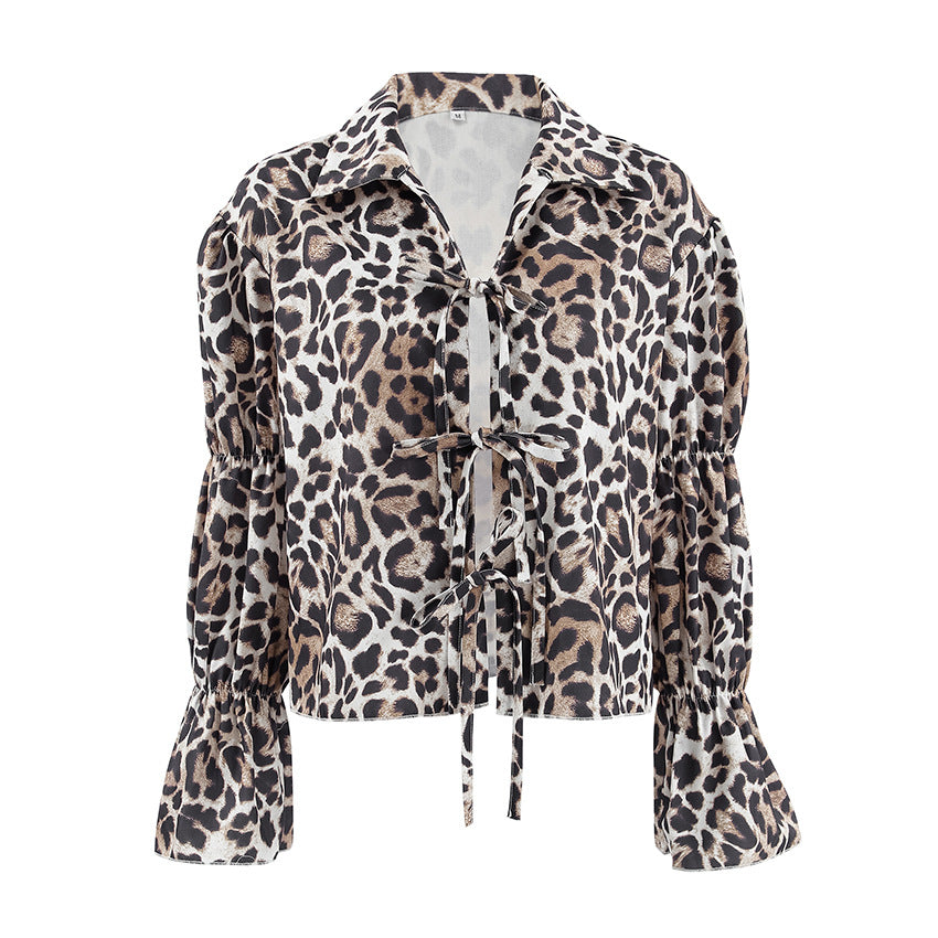 Damen Modische Bluse mit Leopardenmuster und Rüschenärmeln EB