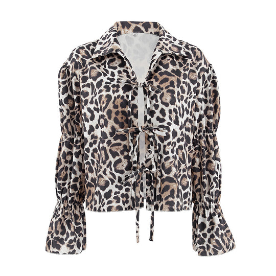 Damen Modische Bluse mit Leopardenmuster und Rüschenärmeln EB