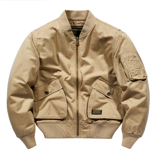 Men's  rugged cotton-twill short-length flight bomber with oversized angled flap pockets and zip sleeve tool pouch EB