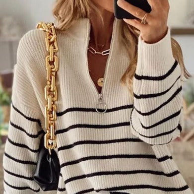 Damen Strickpullover mit halbem Reißverschluss und Streifenmuster EB