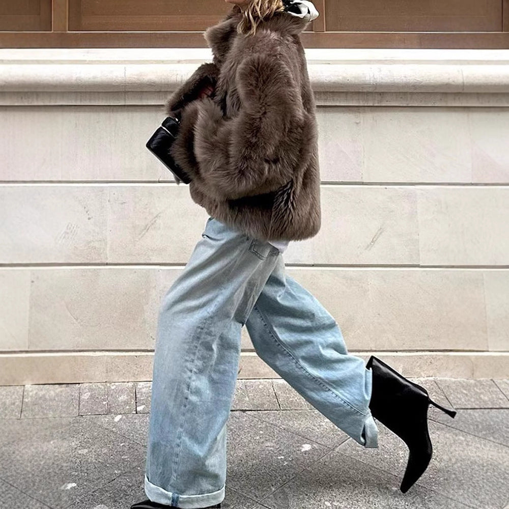 Damen Pelzjacke im modernen Oversize-Stil mit gemütlichem Kragen EB