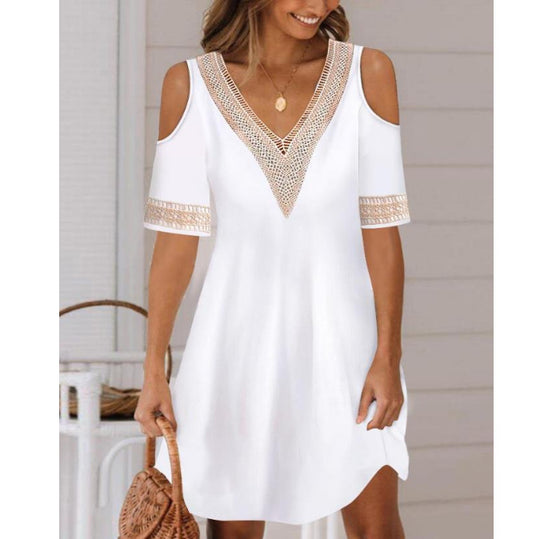 Damen Kleid mit Cut-Out-Ärmeln und dekorativem Spitzenbesatz EB