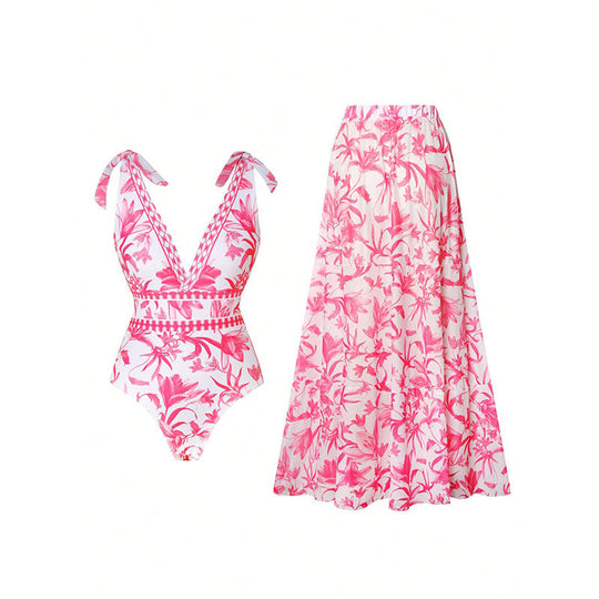 Damen Badeanzug mit floralem Design und passendem Rock EB
